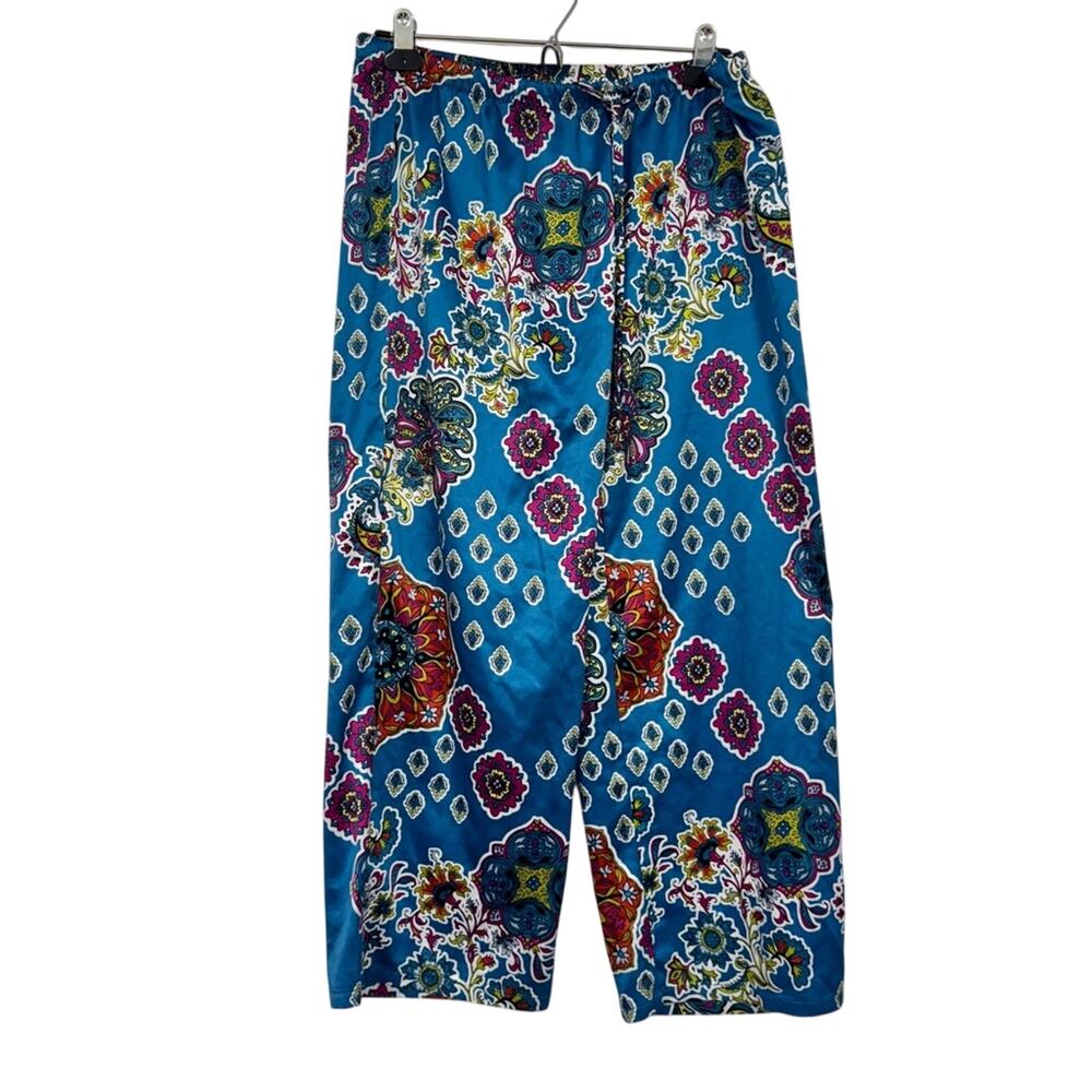 Natori Blue Paisley Satin Wide Leg Pants Womens M Beachy Casual Pull On PJ